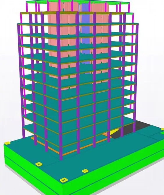 Model structural 3D al Apart Hotel Iași: cadre perimetrale de beton armat, nuclee de pereți cuplați și radier general