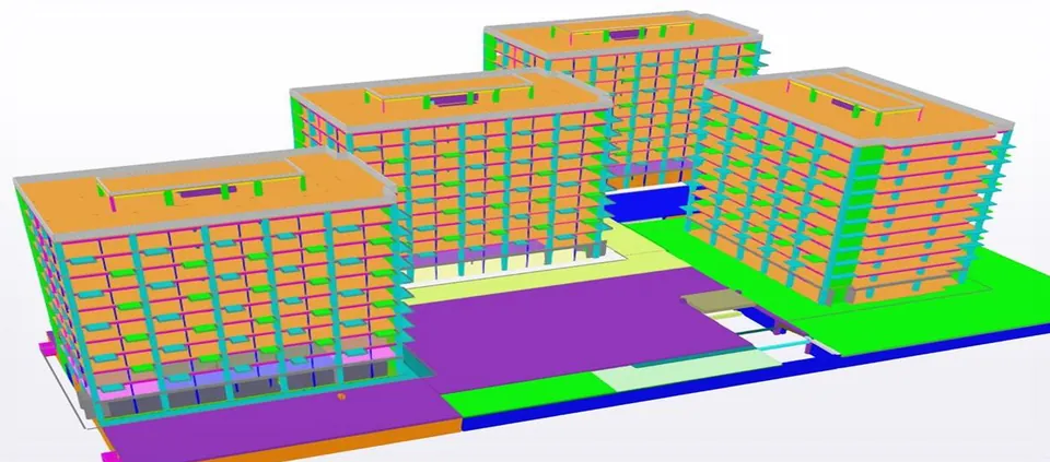 Model structural 3D al etapei 2 a ansamblului Aurel Vlaicu 87, Iași: patru blocuri pe un subsol comun