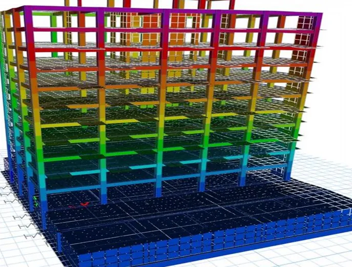 Model de calcul 3D al unui bloc din ansamblul Aurel Vlaicu 87, Iași, cu radier și rezultatele analizei afișate în culori