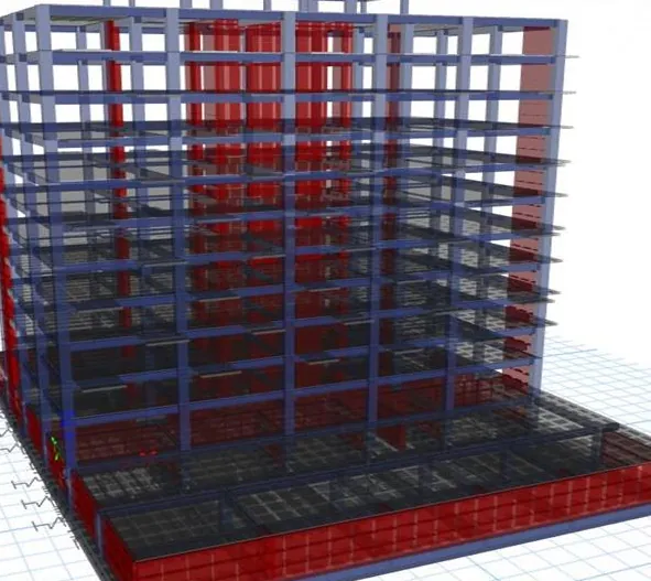 Model structural 3D al unui bloc din ansamblul Aurel Vlaicu 87, Iași: cadre de beton armat (albastru), pereți structurali și pereți de subsol (roșu)