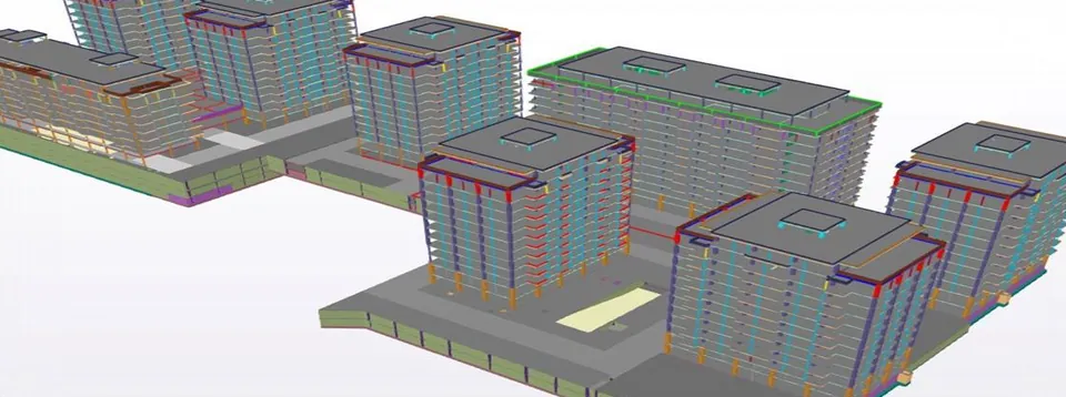 Model structural 3D al ansamblului rezidențial Comat Towers, Iași: mai multe corpuri de clădire pe un subsol comun