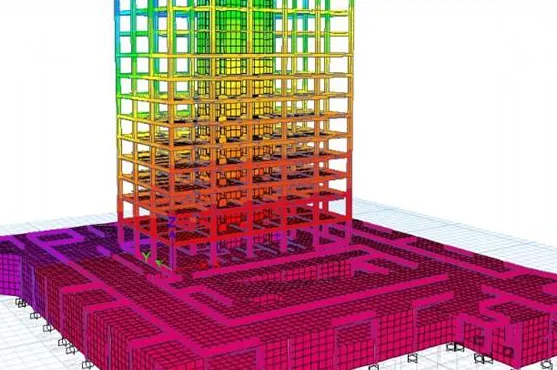Model de calcul 3D pentru un turn al ansamblului Comat Towers, Iași, așezat pe subsolul extins, cu rezultatele analizei afișate în culori