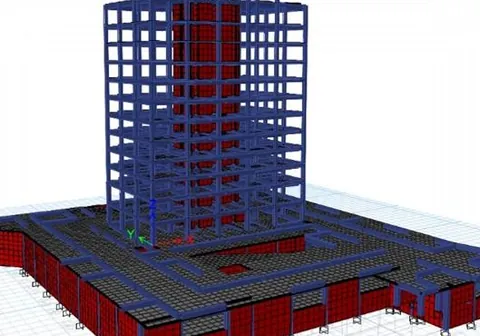Model structural 3D al unui turn din ansamblul Comat Towers, Iași: cadre de beton armat (albastru) și pereți structurali (roșu) pe subsolul comun