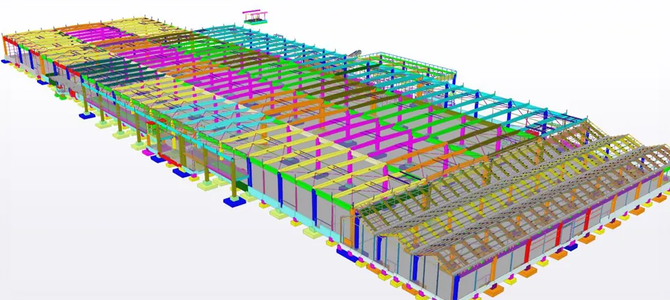 Model structural 3D al magazinului Dedeman Constanța: hală cu cadre de beton armat prefabricat, acoperiș și fundații izolate