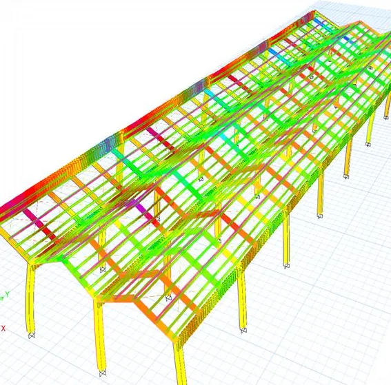 Model de calcul 3D al acoperișului unei zone a magazinului Dedeman Constanța, cu rezultatele analizei afișate în culori