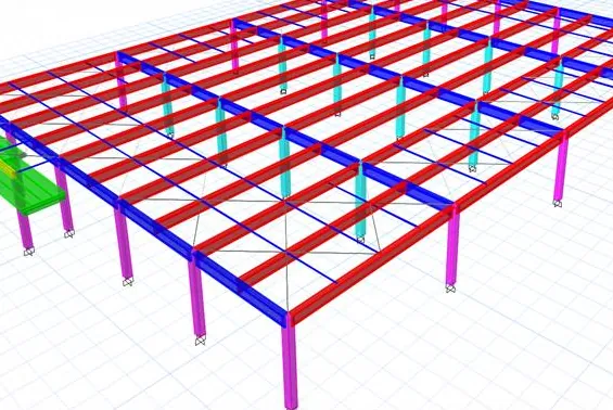 Model structural 3D al unei zone a magazinului Dedeman Constanța: grinzi și stâlpi de beton armat cu deschideri mari