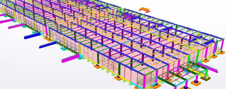 Model structural 3D al depozitului logistic Dedeman Letea, Bacău: hală cu cadre prefabricate de beton armat și fundații izolate