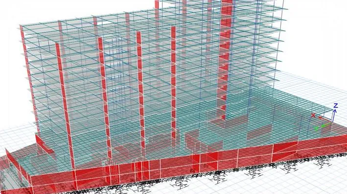 Model analitic ETABS al ansamblului Emil Palade, Iași: pereți structurali de beton armat (roșu) și plăci, pe radier cu reazeme elastice