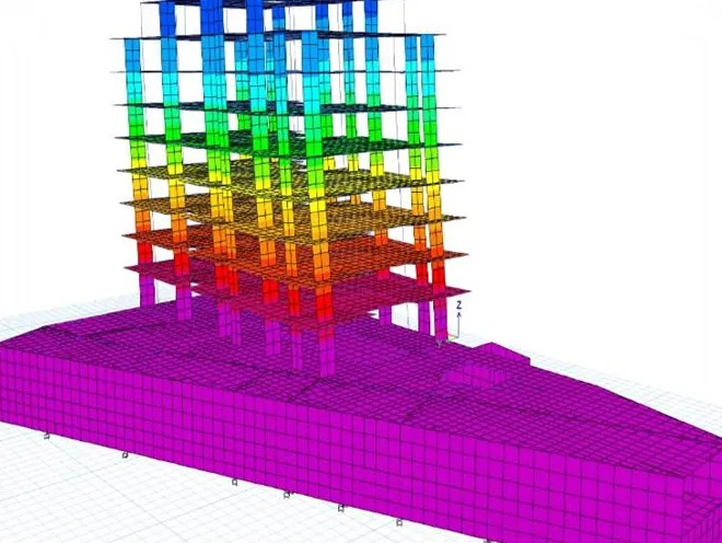 Model de calcul ETABS al ansamblului rezidențial Inamstro din Brașov: deformata stâlpilor și plăcilor în gradient de culori, deasupra infrastructurii extinse