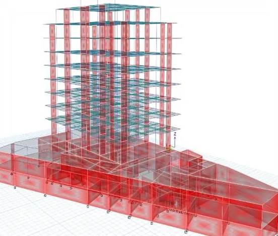 Model ETABS transparent al ansamblului rezidențial Inamstro din Brașov: pereți de beton armat evidențiați cu roșu și plăcile etajelor