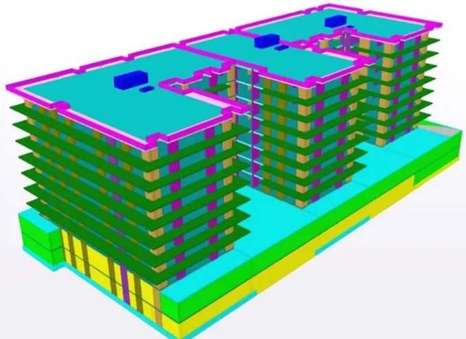 Model structural 3D al ansamblului rezidențial Inamstro din Pipera: trei tronsoane pe subsol comun, cu plăci, pereți și stâlpi colorați după tip