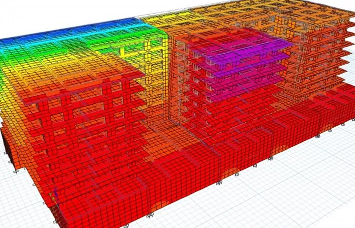 Model de calcul ETABS al ansamblului rezidențial Inamstro din Pipera: deformata structurii reprezentată în gradient de culori