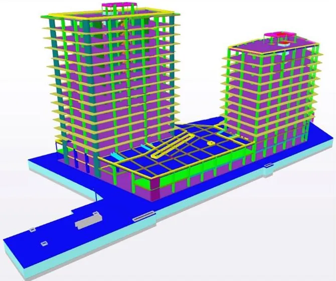 Model structural 3D al ansamblului rezidențial Inamstro din Timișoara: cele două turnuri și soclul comun, cu stâlpi, grinzi și plăci colorate după tipul elementului