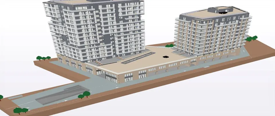 Model 3D arhitectural al ansamblului rezidențial Inamstro din Timișoara: cele două turnuri de locuințe pe un soclu comun cu parter comercial și rampă de acces