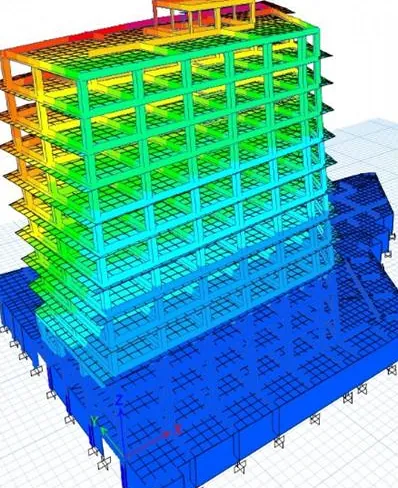 Model de calcul ETABS pentru unul dintre turnurile ansamblului rezidențial Inamstro din Timișoara: deformata cadrelor cu gradient de culori, peste infrastructură