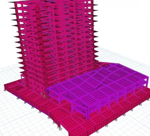 Model ETABS al ansamblului rezidențial Inamstro din Timișoara: turnul și corpul de la bază, cu elementele structurale afișate în magenta și violet