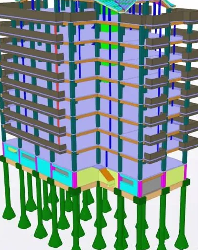Model structural 3D al ansamblului Mitropolit Varlaam, Iași: cadre de beton armat, console de balcoane și piloți sub grinzile de fundare