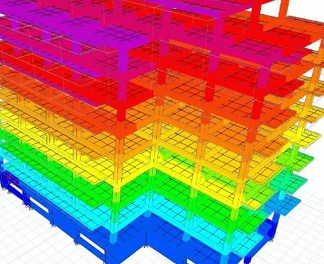 Analiză ETABS a structurii ansamblului Mitropolit Varlaam, Iași: deplasările pe înălțime, redate în culori de la albastru, la bază, până la violet, la ultimul nivel