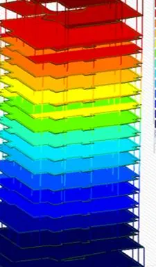 Model structural 3D al clădirii înalte din complexul Palas Iași, cu deplasări pe nivel reprezentate în culori