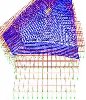 Modelul structural al cupolei complexului Palas Iași, structură izolată seismic, cu rețeaua de bare și reazemele