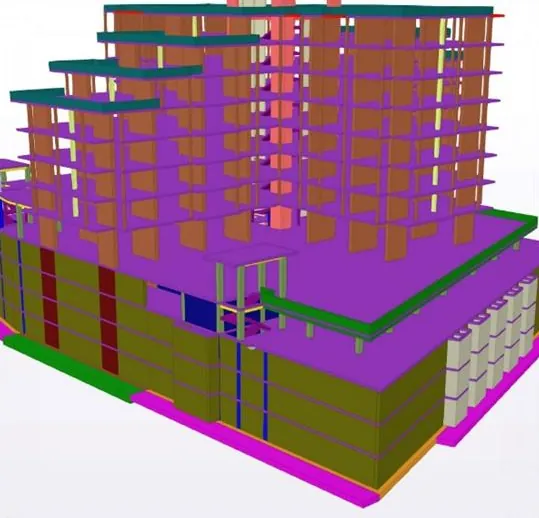 Model structural 3D al ansamblului rezidențial Rosetti: subsoluri extinse și tronsonul de locuințe în trepte, cu elementele colorate după tip