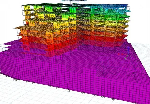 Model de calcul ETABS al ansamblului rezidențial Rosetti: deformata structurii cu gradient de culori pe etaje, peste infrastructura cu subsoluri