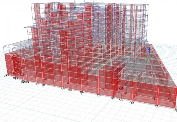 Model ETABS transparent al ansamblului rezidențial Rosetti: pereți de beton armat evidențiați cu roșu și cadrele etajelor