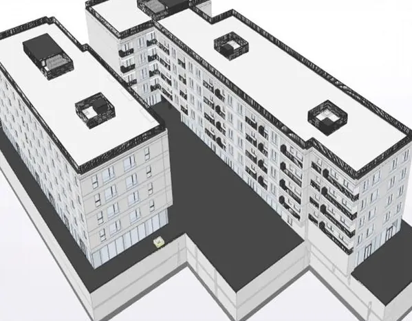 Model arhitectural 3D al ansamblului Sf. Andrei din Iași: corpuri de clădire albe cu acoperiș-terasă, văzute de sus