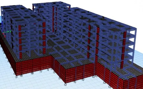 Model analitic ETABS al ansamblului Sf. Andrei, Iași: cadre de beton armat (albastru), pereți structurali (roșu) și subsol discretizat