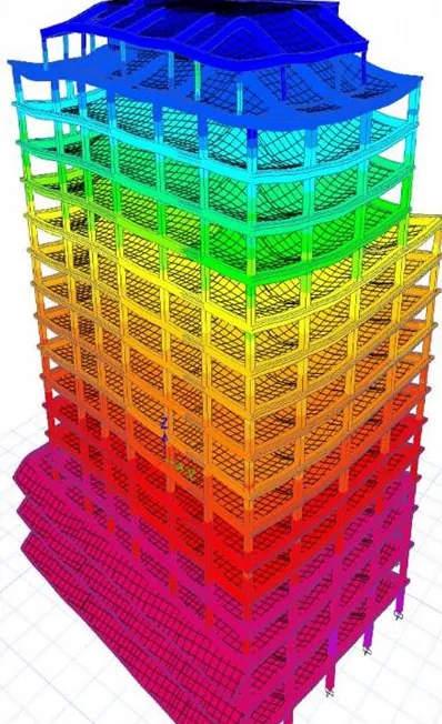 Model structural 3D de calcul al clădirii UBC 3, Timișoara, cu rezultatele analizei afișate în culori de la albastru la magenta