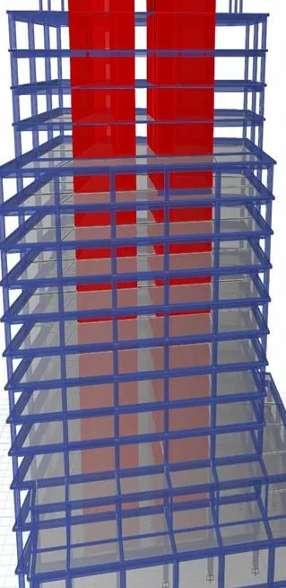 Model structural 3D al clădirii UBC 3, Timișoara: cadre de beton armat (albastru) și pereți structurali ai nucleului (roșu)