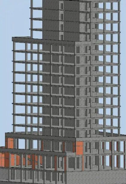 Model 3D al structurii de beton armat a clădirii UBC 3, Timișoara, cu podium la bază și turn în trepte